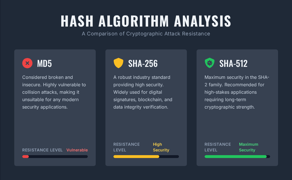 Security comparison chart showing attack resistance levels for MD5 (multiple vulnerabilities), SHA256 (high security), and SHA512 (maximum security) with visual security meters