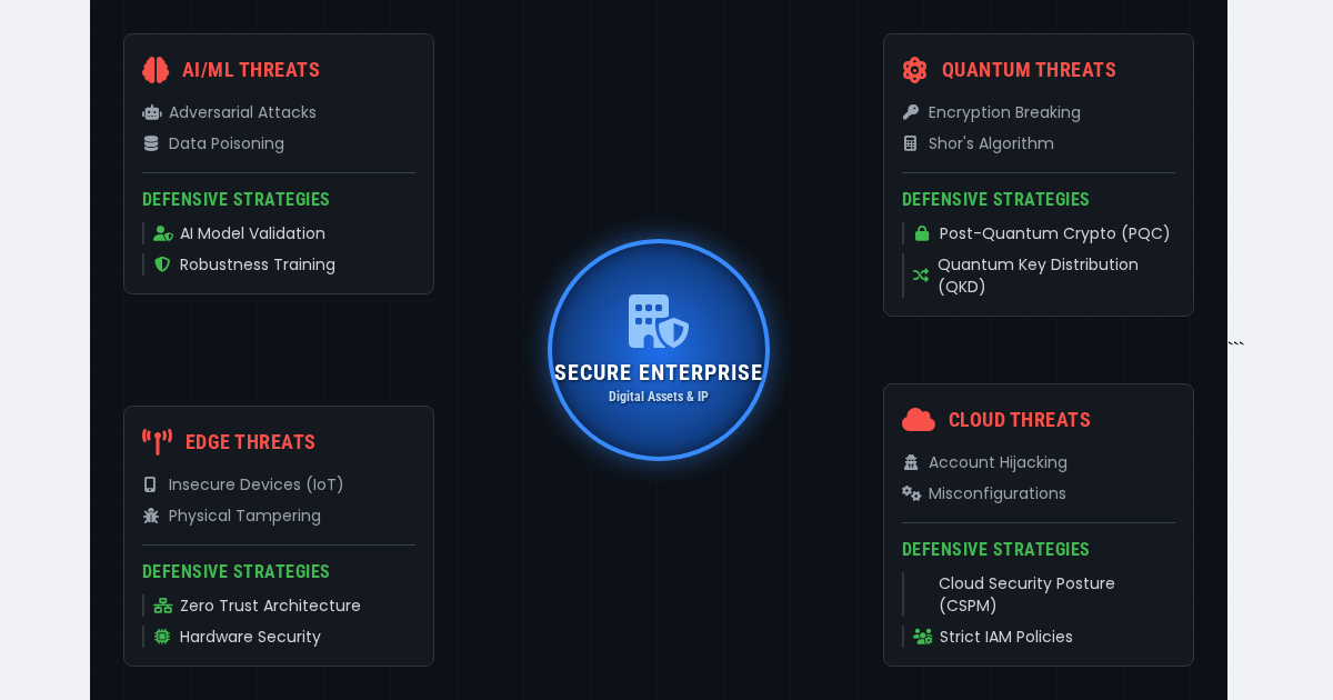 Security landscape diagram showing threats from AI/ML, quantum computing, cloud environments, and edge computing with corresponding defensive strategies