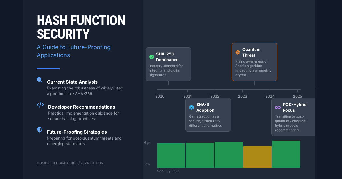 Security timeline showing evolution from 2020-2025, with quantum threat indicators, algorithm recommendations, and security levels over time